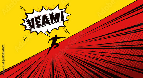 Dynamic Superhero Silhouette with a veam Speech Bubble on a Bright Yellow and Red Burst Background