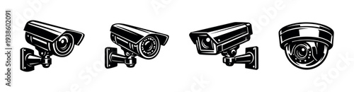 Set of four surveillance camera illustrations in black and white silhouette style