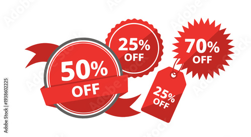 Collection of Red Discount Tags and Circular Sale Labels Featuring Percentage Off Offers