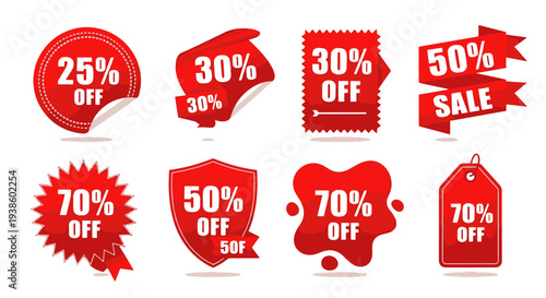 Collection of Various Red Sale Discount Tags and Labels with Percentage Off for Retail Promotions Including 25 30 50 and 70 Off Text Elements