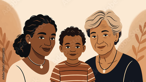 A loving portrait depicts a woman, child, and older woman sharing a warm, sepia-toned family moment.