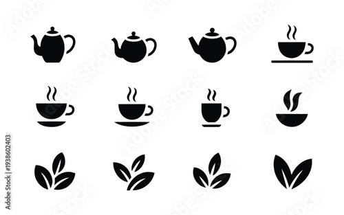 Minimalist Tea Icon Collection With Teapots, Cups And Tea Leaves, Simple Black Glyph Symbols. Modern Beverage Icons Ideal For Cafe Branding, Menu Design, Drink Packaging, Restaurant Graphics And Bever