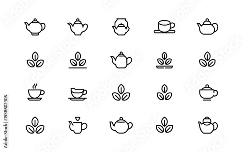 Minimalist Tea Icons Set, Teapots Cups And Tea Leaves In Simple Black Glyph Style. Clean Beverage Symbols Perfect For Cafe Menu Design, Tea Branding, Beverage Packaging, Restaurant Graphics And Drink