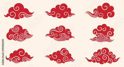 Traditional Red Asian Clouds with Swirling Patterns and Waves Decorative Elements for Lunar New Year and Festive Celebrations