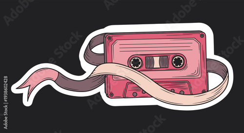 Retro Pink Cassette Tape with a Flowing Ribbon of Tape Unraveling from It Isolated on a Black Background Nostalgic Music Concept