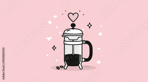 A charming, minimalistic illustration of a French press coffee maker, with heart and star accents on pink