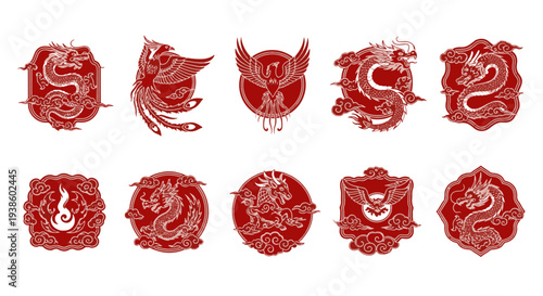 Chinese Traditional Red and White Elaborate Dragon and Phoenix Emblems with Cloud Motifs Cultural Heritage Symbols