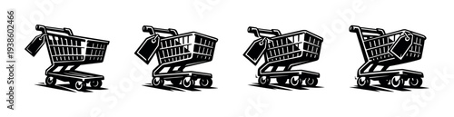 Set of four shopping cart silhouettes in black and white vector illustration