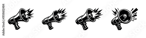 Black and white megaphone illustrations set, vector silhouette designs
