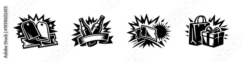 Set of black and white vector illustrations of shopping theme silhouettes