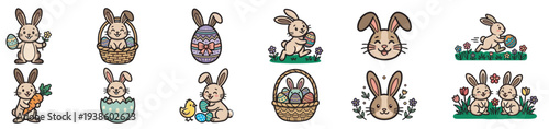 colorful easter bunny vector icon set, cute rabbit characters with eggs baskets chick and spring decorations isolated on transparent background
