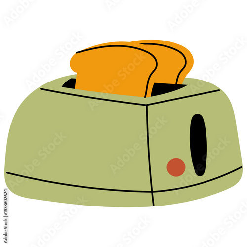 Toaster With Bread Slice. Flat vector toaster with bread slice. Cute kitchen appliance illustration isolated on light background. Perfect for cooking, breakfast, kitchen design and food concepts.
