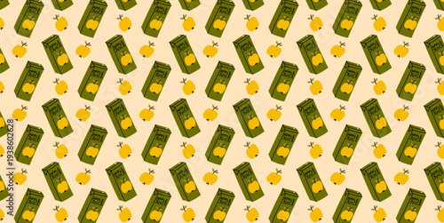 Apple Juice Seamless Pattern. Seamless pattern with apple juice cartons and apples in flat style. Cute fruit drink background perfect for packaging, textiles, kitchen decor and food design.