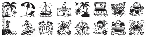 summer beach vacation vector icon set, tropical island palm umbrella surf sailboat lighthouse and sea travel symbols isolated on transparent background