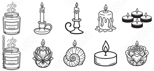 candle outline vector icon set, burning wax candles with flame holder tealight and decorative styles isolated on transparent background