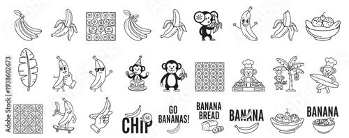banana; fruit; food; tropical; healthy; fresh; snack; peel; vector; icon; illustration; cartoon; character; monkey; pattern; slice; bunch; dessert; bread; smoothie; produce; yellow; fun; isolated