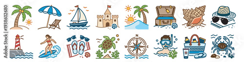 colorful summer beach vacation vector icon set, tropical travel symbols with palm umbrella surf sailboat lighthouse and sea elements isolated on transparent background