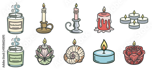 colorful candle vector icon set, burning wax candles with flame holders tealight and decorative styles isolated on transparent background
