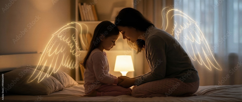 Obraz premium Mother and daughter holding hands, glowing angel wings. Little girl praying with woman. Religious spiritual concept for divine protection. Banner with copy space