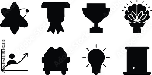 Collection of black silhouette icons represents achievement, science, growth, and innovative thinking concepts.