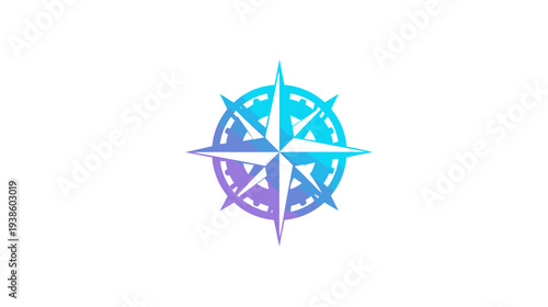 A modern illustration of a gradient compass rose, with teal and purple hues, centered on white