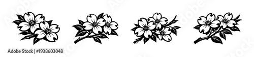 Black and white cherry blossom silhouette floral vector design set