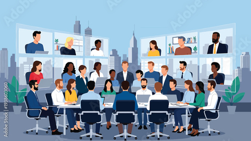 Large group of professionals attends a hybrid conference meeting with in-person attendees seated and remote participants displayed on multiple screens.