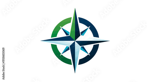 A stylized compass rose graphic with vibrant greens, blues, and whites, set against a clean white backdrop