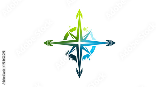 A compass rose graphic with segmented color. Arrows point to the cardinal directions. White background