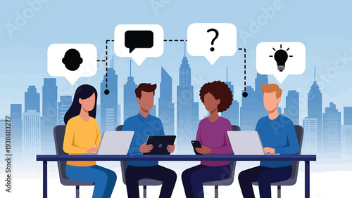 Four diverse colleagues collaborate at a table with abstract speech bubbles indicating ideas, questions, and discussion above a muted city skyline.