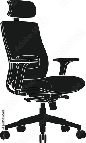 Flat vector illustration of ergonomic office chair silhouette with adjustable armrests, cushioned seat design, workplace furniture icon, modern comfort artwork