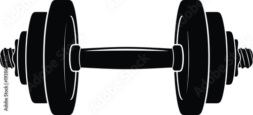 Flat vector illustration of dumbbell silhouette with weight plates, fitness equipment design, strength training icon, gym workout exercise concept art