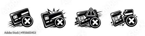 Black and white credit card vector icons with cancellation warning symbols