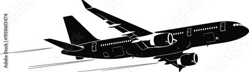 Flat vector illustration of commercial airplane silhouette in flight with engines, wings, stabilizers, motion lines, aviation travel, air transport design