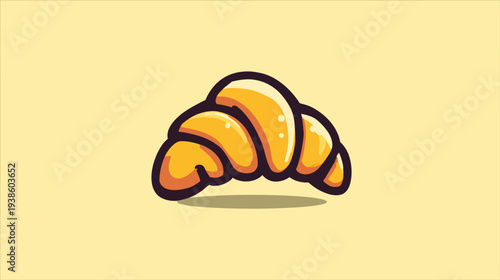 A stylized illustration of a golden croissant with defined layers and a subtle shadow