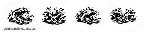 Black and white wave silhouettes set, vector ocean water splash illustrations