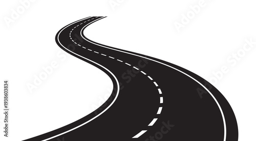 Curving Road Illustration, black and white silhouette of winding road isolated on white background, vector graphic for transportation and travel design