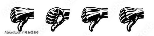 Black and white thumbs down hand gesture vector silhouette illustration set