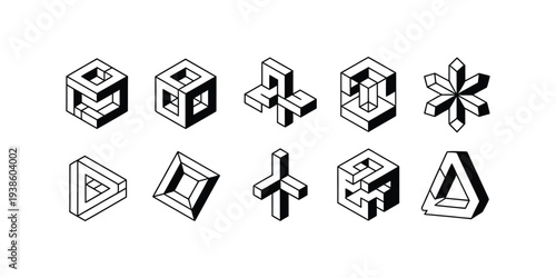 Abstract 3D Geometric Shapes Set, Brutalist Isometric Illusion Figures With Cube Arrow Symbol. Vector Graphic Design Elements For Logistics Business Icon, Finance Company Logo, Construction Brand