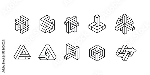 Brutal Isometric 3D Geometric Shapes Collection, Cube Arrow Symbols And Abstract Illusion Figures. Vector Graphic Elements For Logistics Icons, Finance Logos, Construction Company Branding And Modern