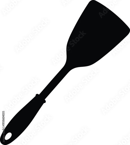 Flat vector illustration of kitchen spatula silhouette with flat wide blade, ergonomic handle, cooking utensil design, food flipping tool, black graphic