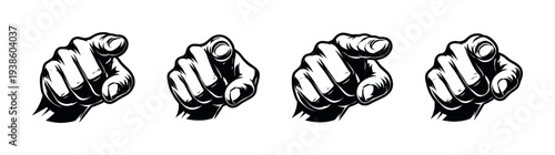 Vector illustration of four pointing hands in black and white silhouette design