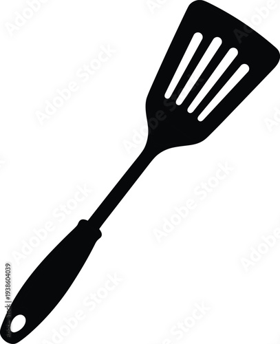 Flat vector illustration of kitchen spatula silhouette with slotted turner head, cooking utensil design, frying tool, modern household equipment art