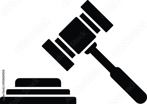 Flat vector illustration of judge gavel silhouette with sound block, legal justice symbol, courtroom authority design, law decision concept artwork