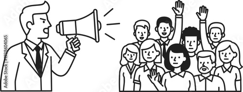 A man speaking to a crowd through a megaphone engaging and rallying the audience with a call to action or message