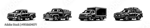 Vector black and white silhouette of vintage and modern delivery trucks