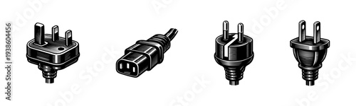 Vintage style electrical plugs and socket cables engraving vector illustration set