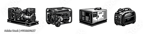 Detailed black and white vector illustration of various generator models in silhouette style