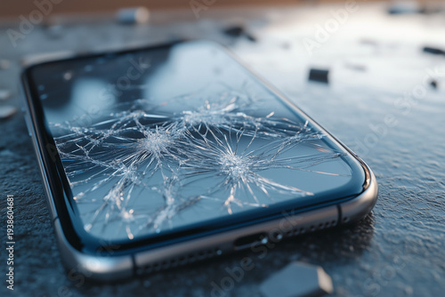 Extreme close-up of a high-end smartphone with a badly shattered screen on the ground - Generative AI