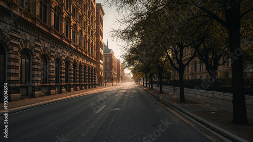 Empty city street with trees and buildings empty street